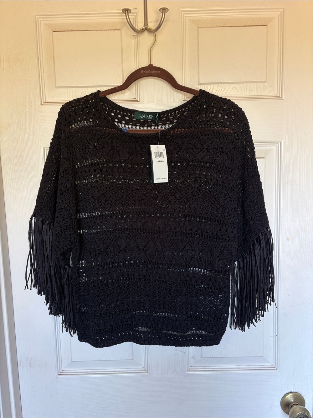 Lauren Ralph Lauren Black Crochet Fringe Poncho Shirt